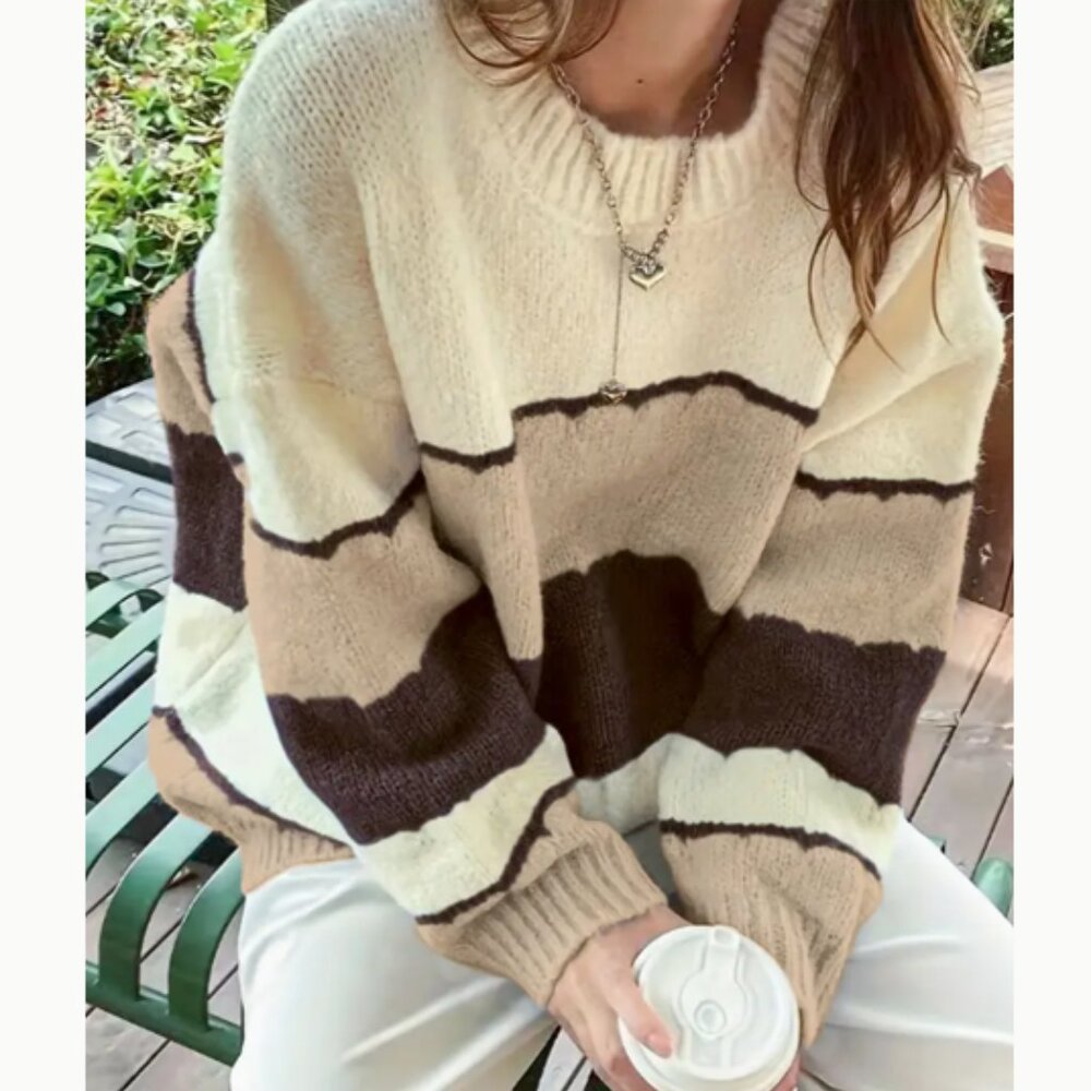 Color Block Stripped Sweater in Cream & Brown